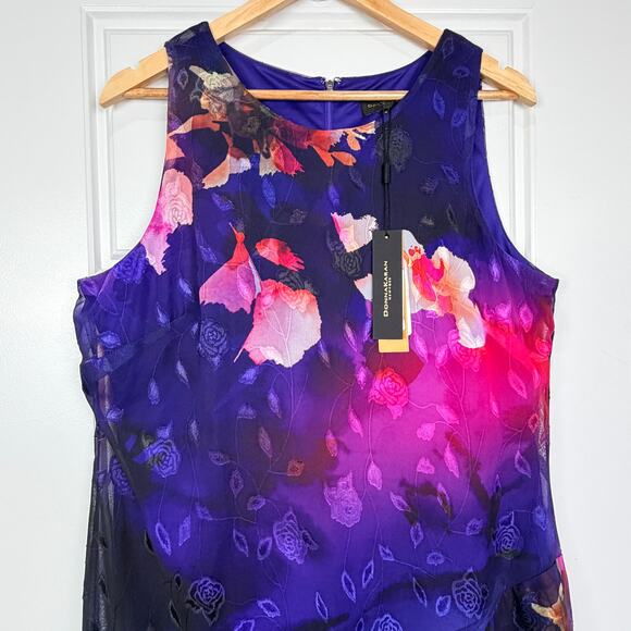 NEW DONNA KARAN 14 Sleeveless Asymmetrical Purple Floral Midi Women's Dress - Picture 5 of 14